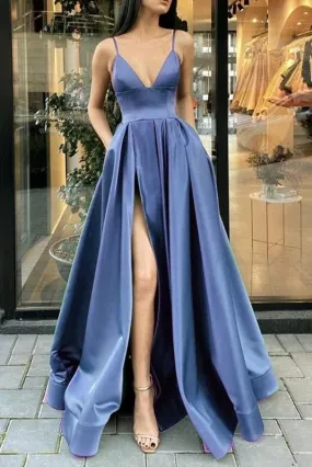 A Line V Neck Satin Dusty Blue Prom Dresses Spaghetti Straps with Pockets