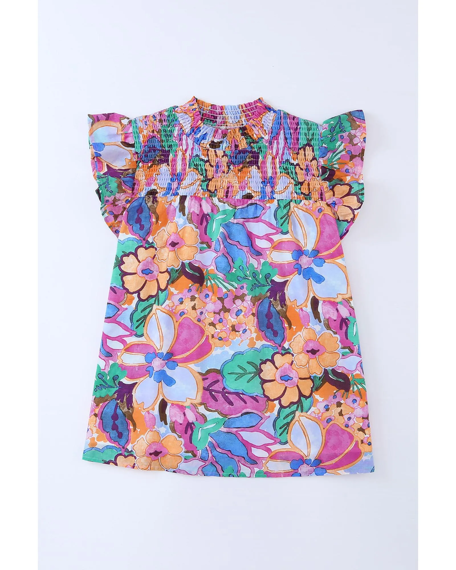 Azura Exchange Flutter Sleeves Smocked Neck Blouse with Floral Print - XL