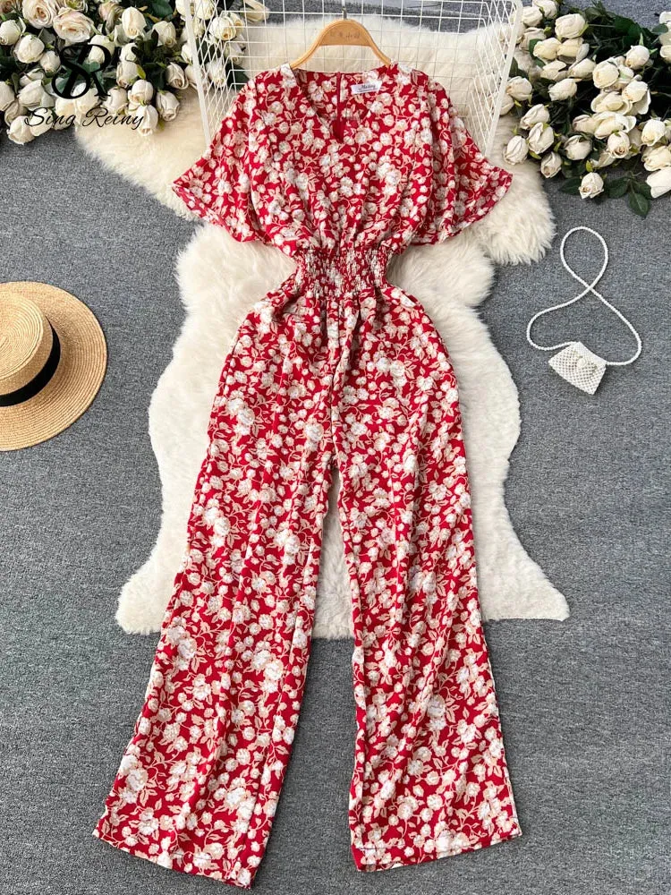 Beach Summer Floral Jumpsuits Fashion V Neck Elastic Slim Short Sleeve Streetwear Vacation Retro Long Rompers