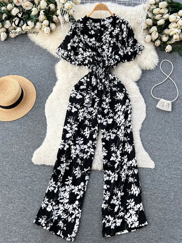 Beach Summer Floral Jumpsuits Fashion V Neck Elastic Slim Short Sleeve Streetwear Vacation Retro Long Rompers