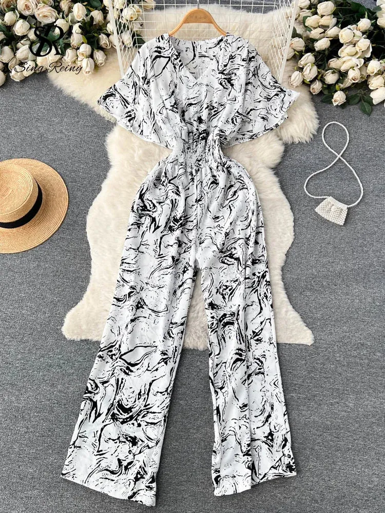 Beach Summer Floral Jumpsuits Fashion V Neck Elastic Slim Short Sleeve Streetwear Vacation Retro Long Rompers