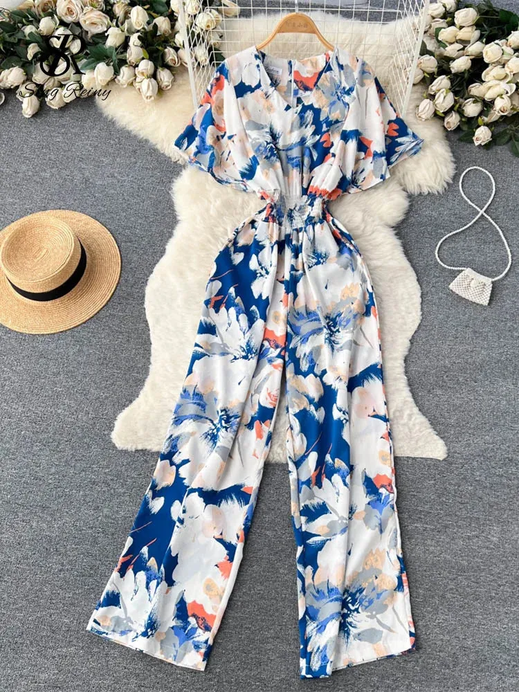 Beach Summer Floral Jumpsuits Fashion V Neck Elastic Slim Short Sleeve Streetwear Vacation Retro Long Rompers