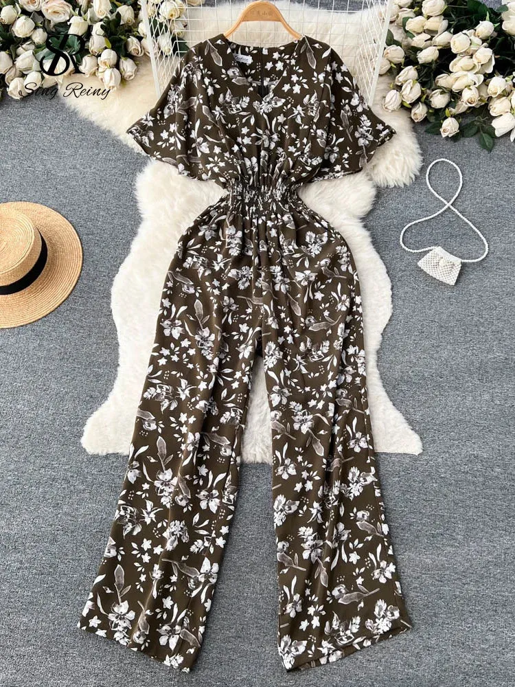 Beach Summer Floral Jumpsuits Fashion V Neck Elastic Slim Short Sleeve Streetwear Vacation Retro Long Rompers