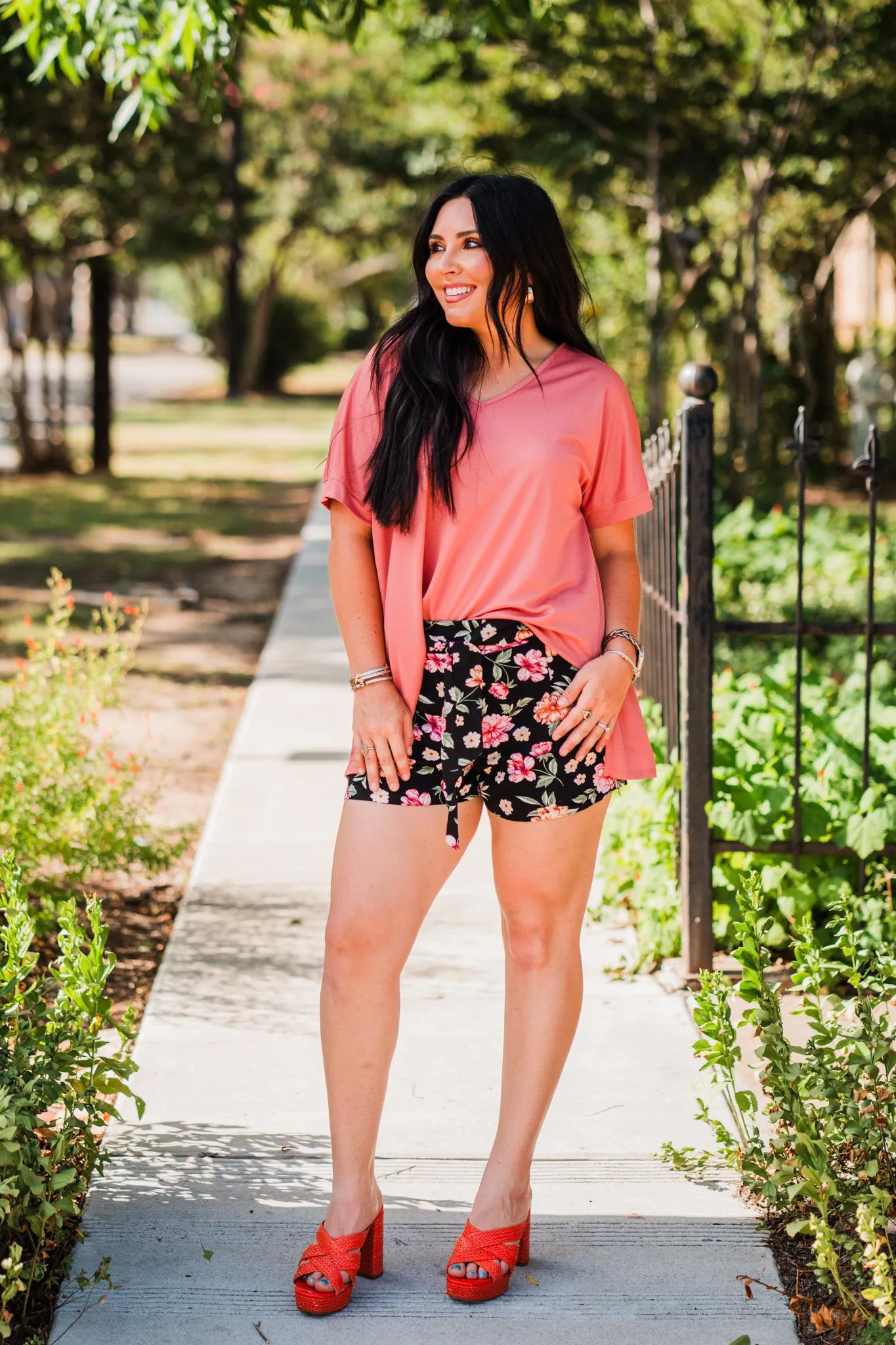 Black Floral Front Tie Flowy Shorts