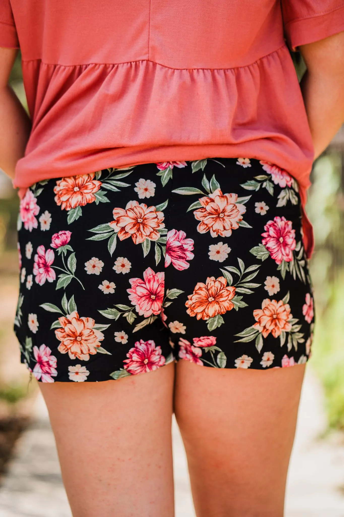 Black Floral Front Tie Flowy Shorts