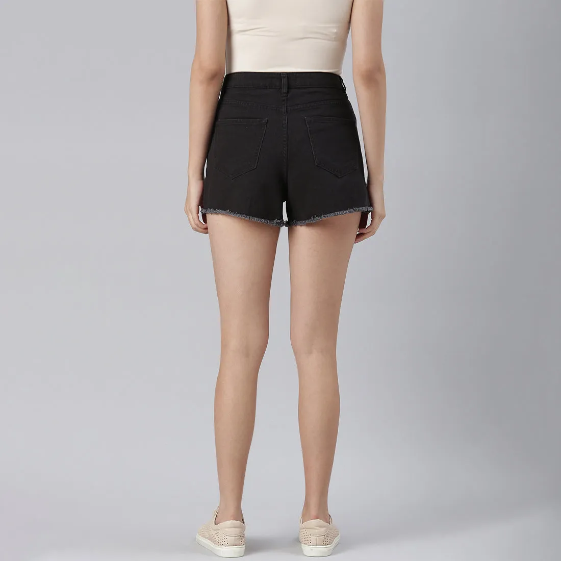 Black Jeans High Waist Raw Hem Shorts