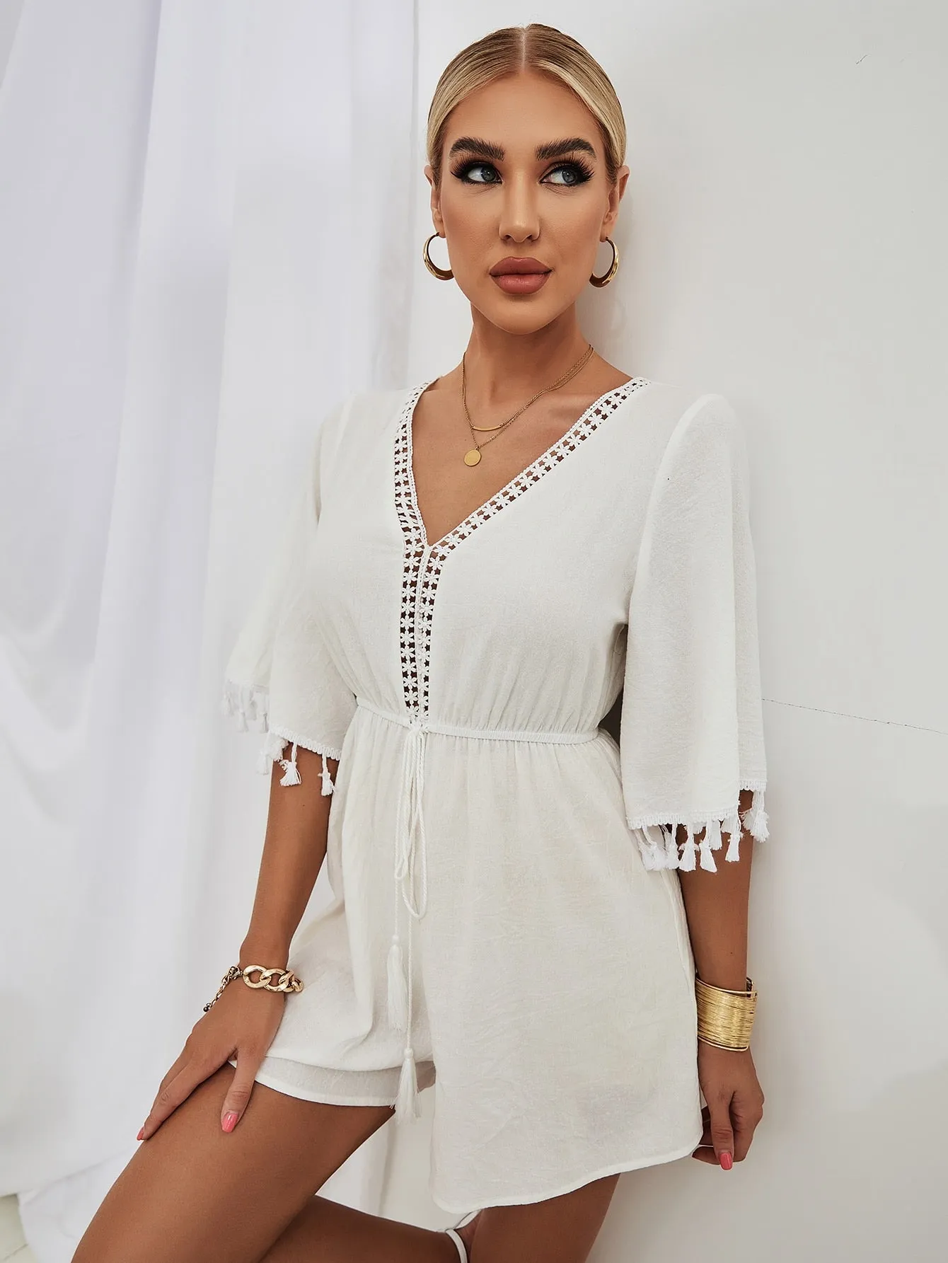 Boho Plain Tie Front Three Quarter Length Sleeve V Neck High Waist Short Women Jumpsuit