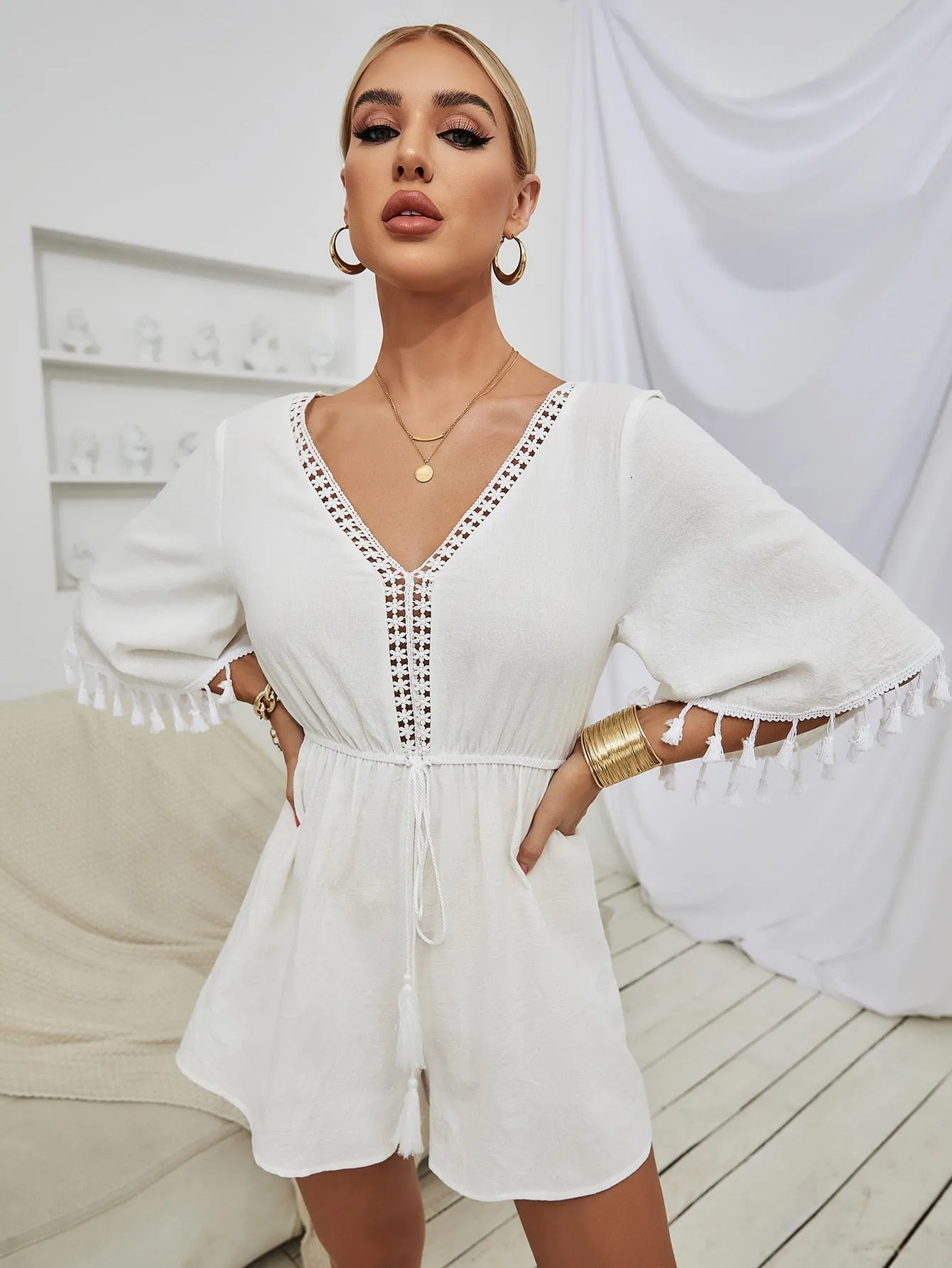 Boho Plain Tie Front Three Quarter Length Sleeve V Neck High Waist Short Women Jumpsuit