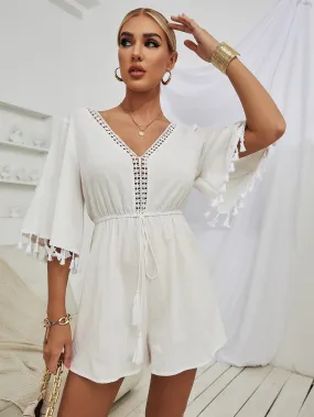 Boho Plain Tie Front Three Quarter Length Sleeve V Neck High Waist Short Women Jumpsuit