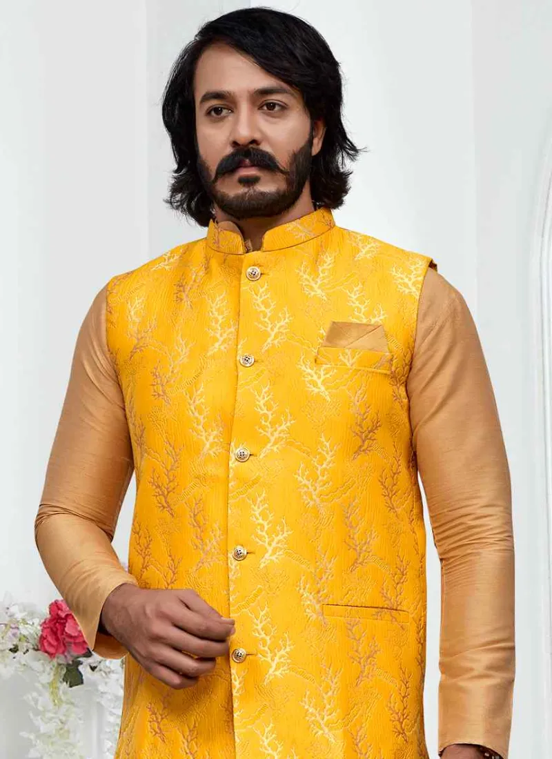Brocade Yellow Jacket With Cream Woven Art Silk Kurta Pyjama