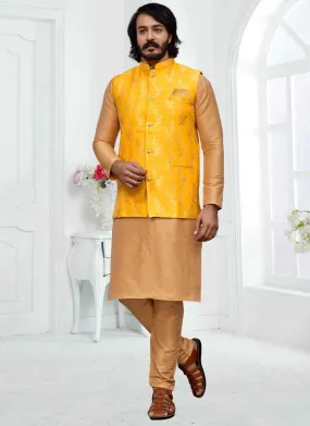 Brocade Yellow Jacket With Cream Woven Art Silk Kurta Pyjama