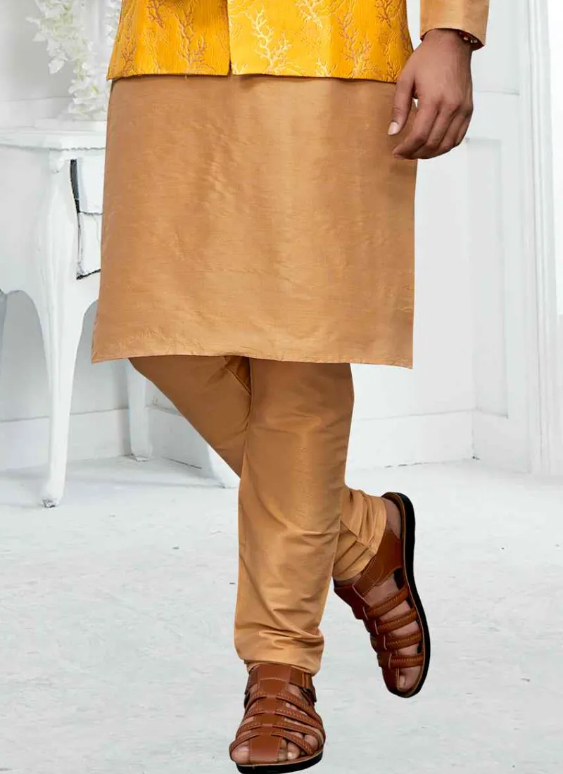 Brocade Yellow Jacket With Cream Woven Art Silk Kurta Pyjama