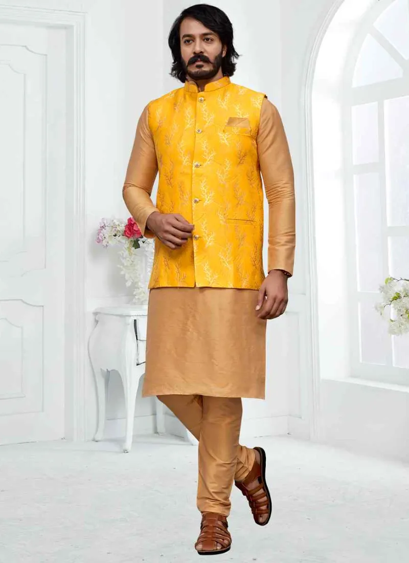 Brocade Yellow Jacket With Cream Woven Art Silk Kurta Pyjama