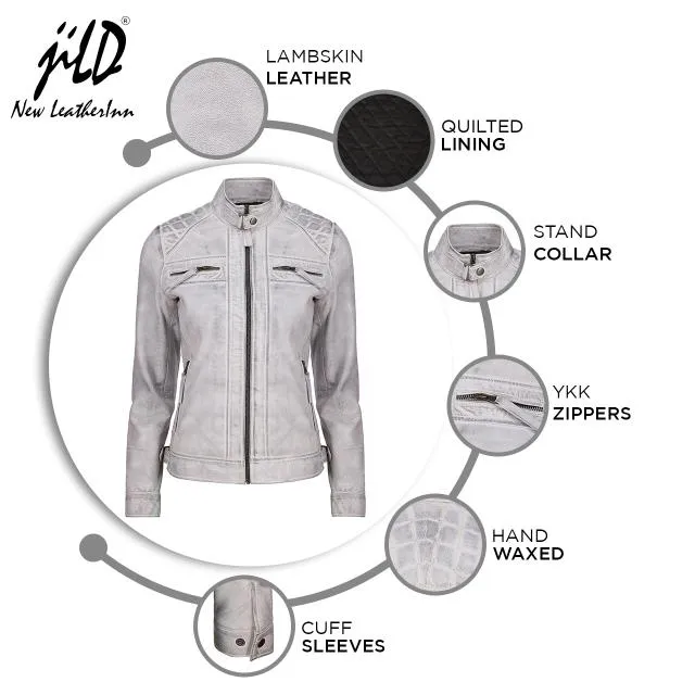 Café Racer Leather Jacket Women - Zip Up Moto Biker Style Casual Fashion Real Lambskin Women's Leather Jacket