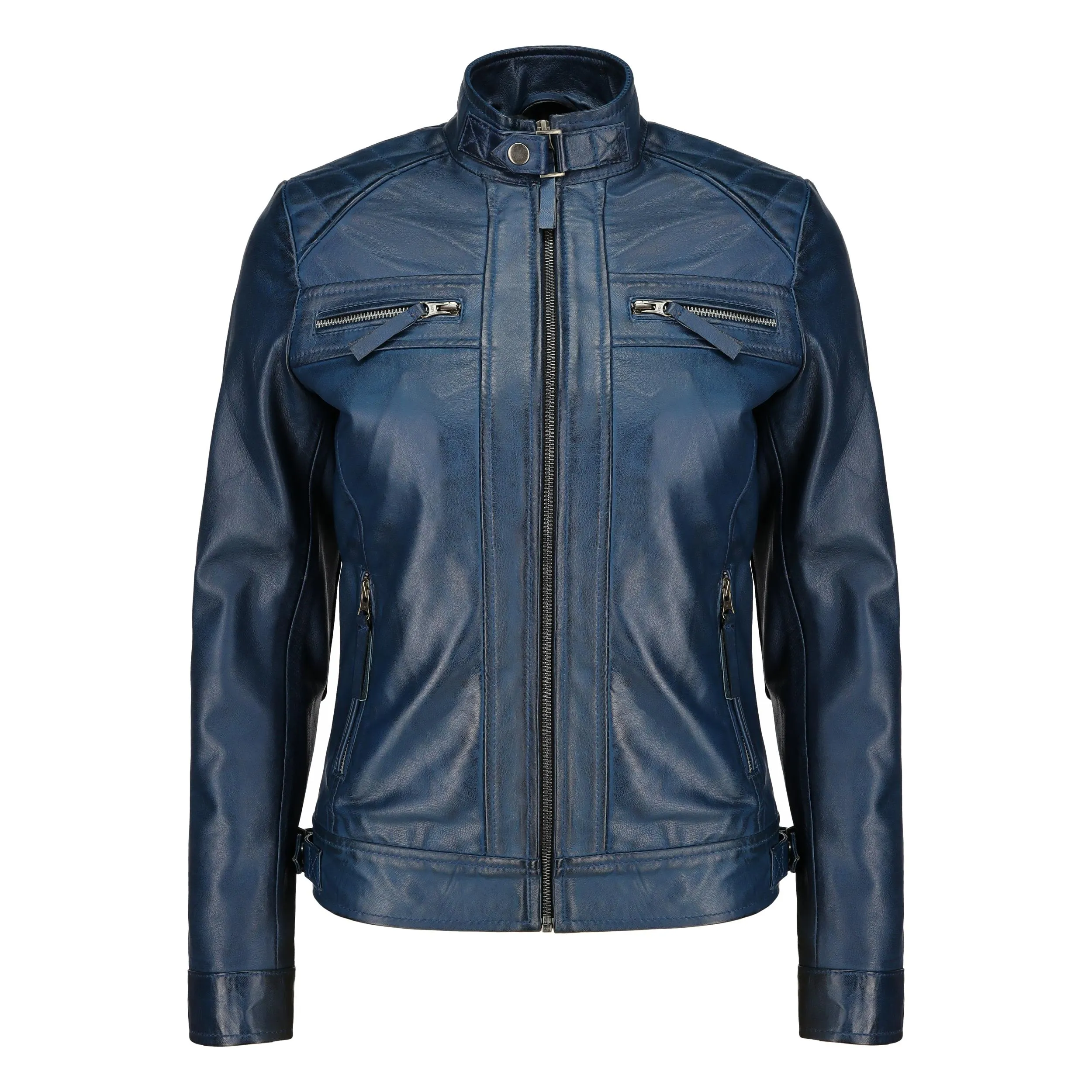Café Racer Leather Jacket Women - Zip Up Moto Biker Style Casual Fashion Real Lambskin Women's Leather Jacket