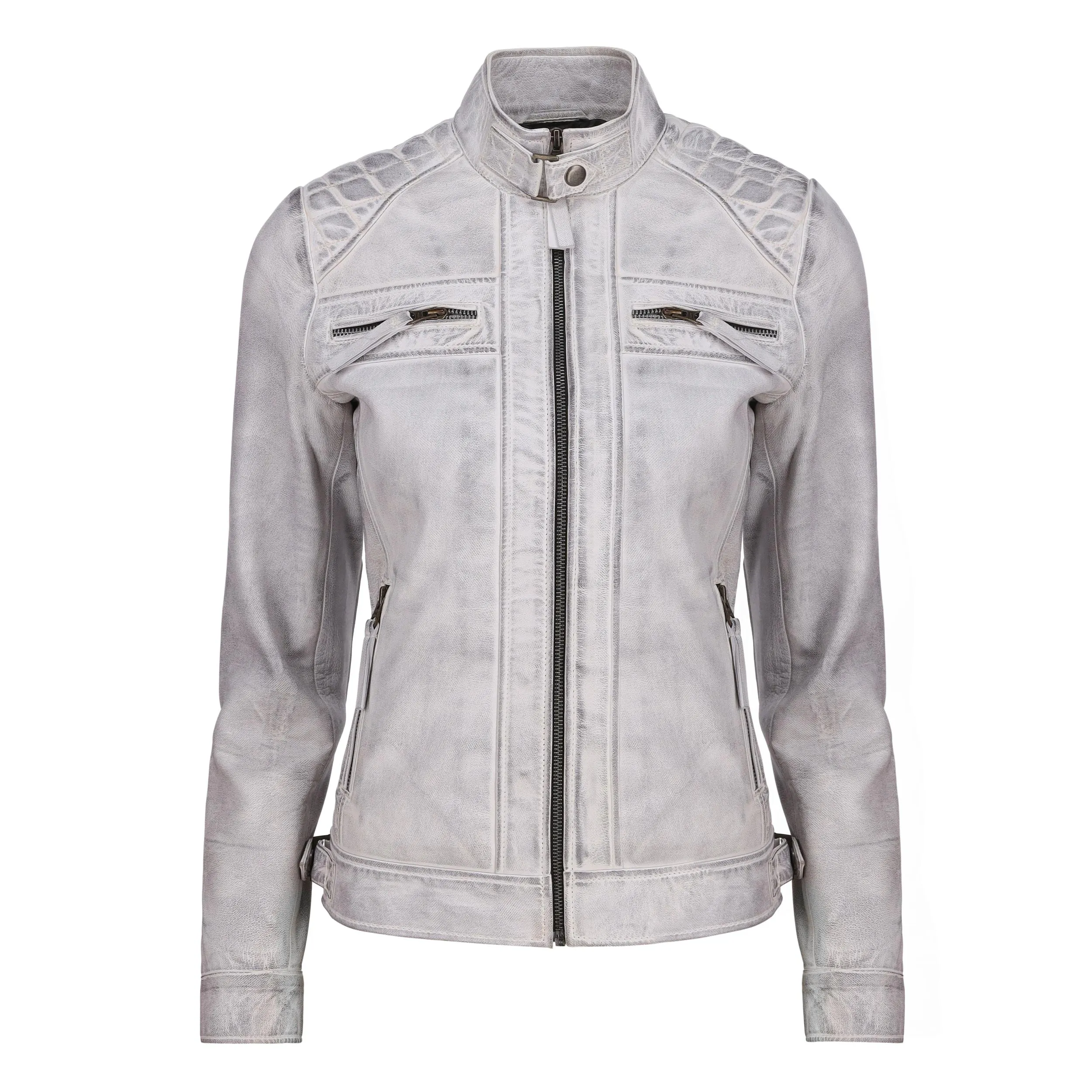 Café Racer Leather Jacket Women - Zip Up Moto Biker Style Casual Fashion Real Lambskin Women's Leather Jacket