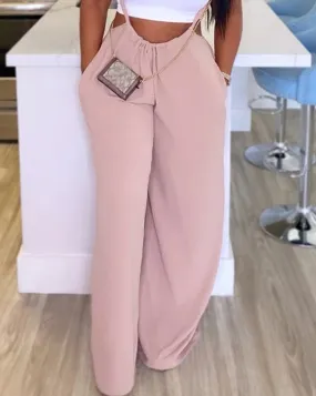 Casual Pink Overalls for Women 2024 Summer Sleeveless Drawstring Wide Leg Suspender High Waist Pocket Design Women's Jumpsuit