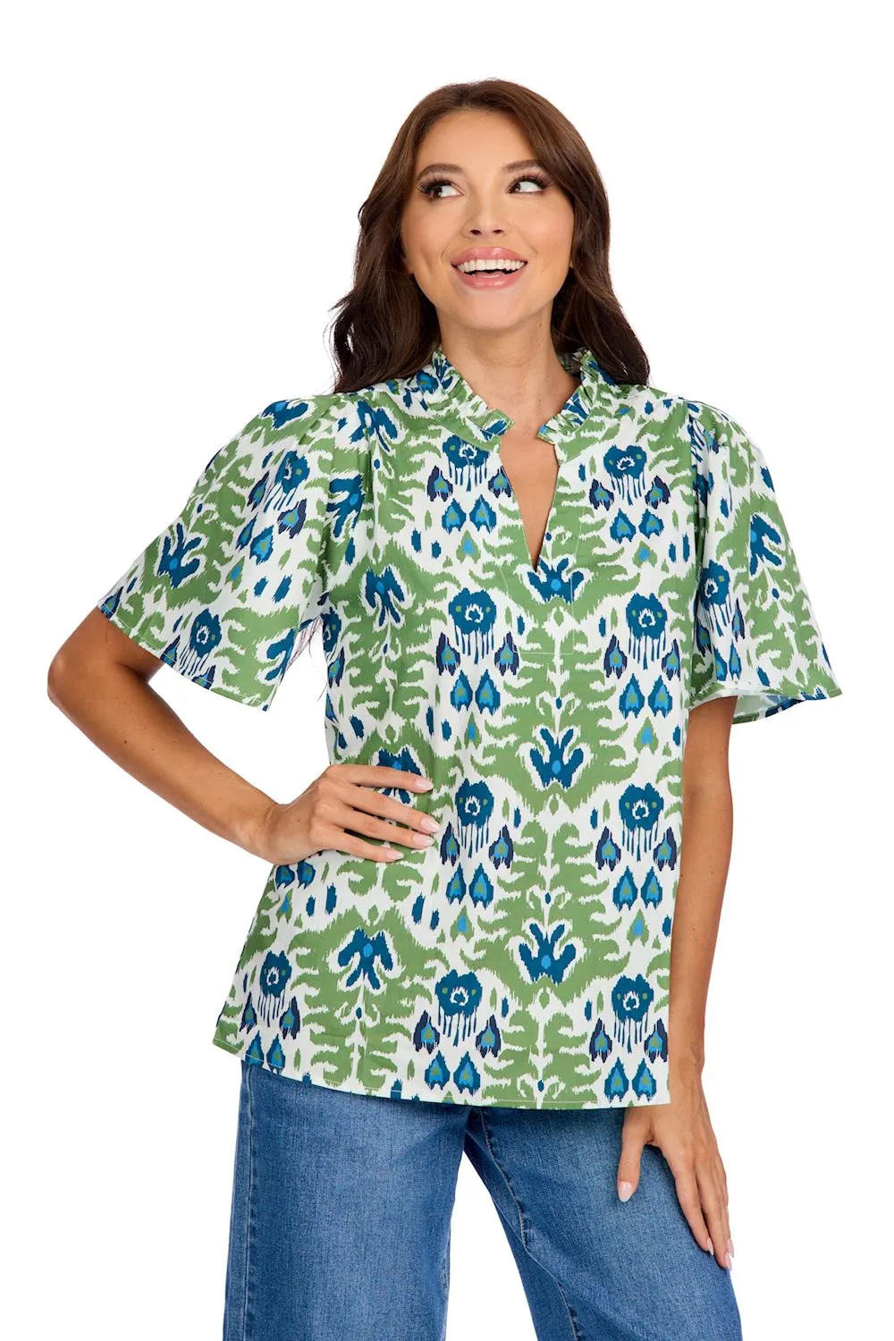 Chase Flounce Sleeve Top • Green Abstract