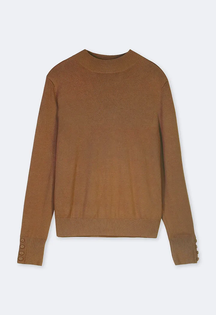 Choice High Round Neck Knitted Basic Blouse Camel