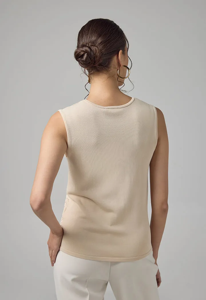 Choice Sleeveless Crystal Embellished Knitted Top Beige