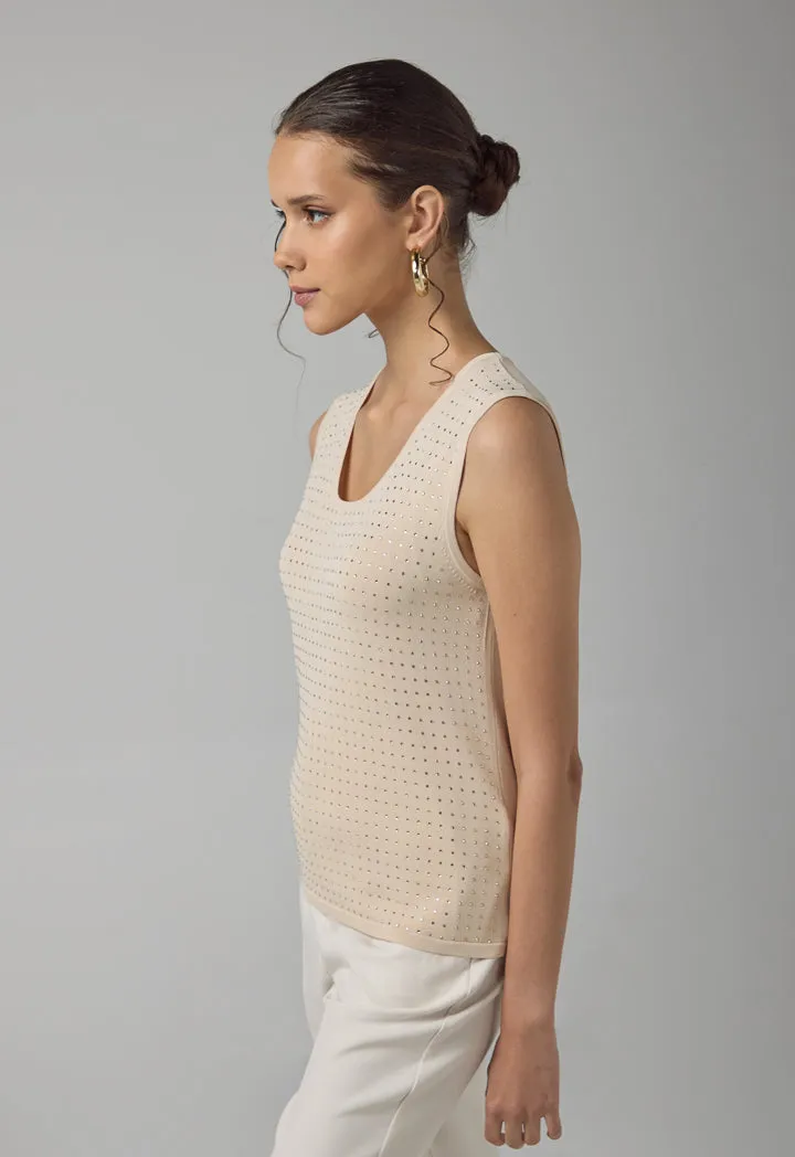 Choice Sleeveless Crystal Embellished Knitted Top Beige