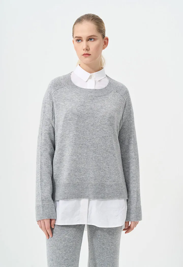 Choice Solid Long Sleeve Knitted Blouse Grey Melange