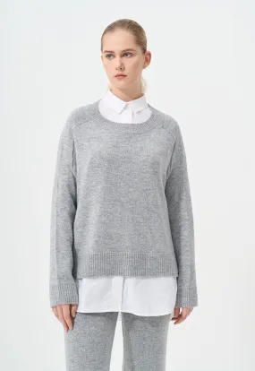 Choice Solid Long Sleeve Knitted Blouse Grey Melange