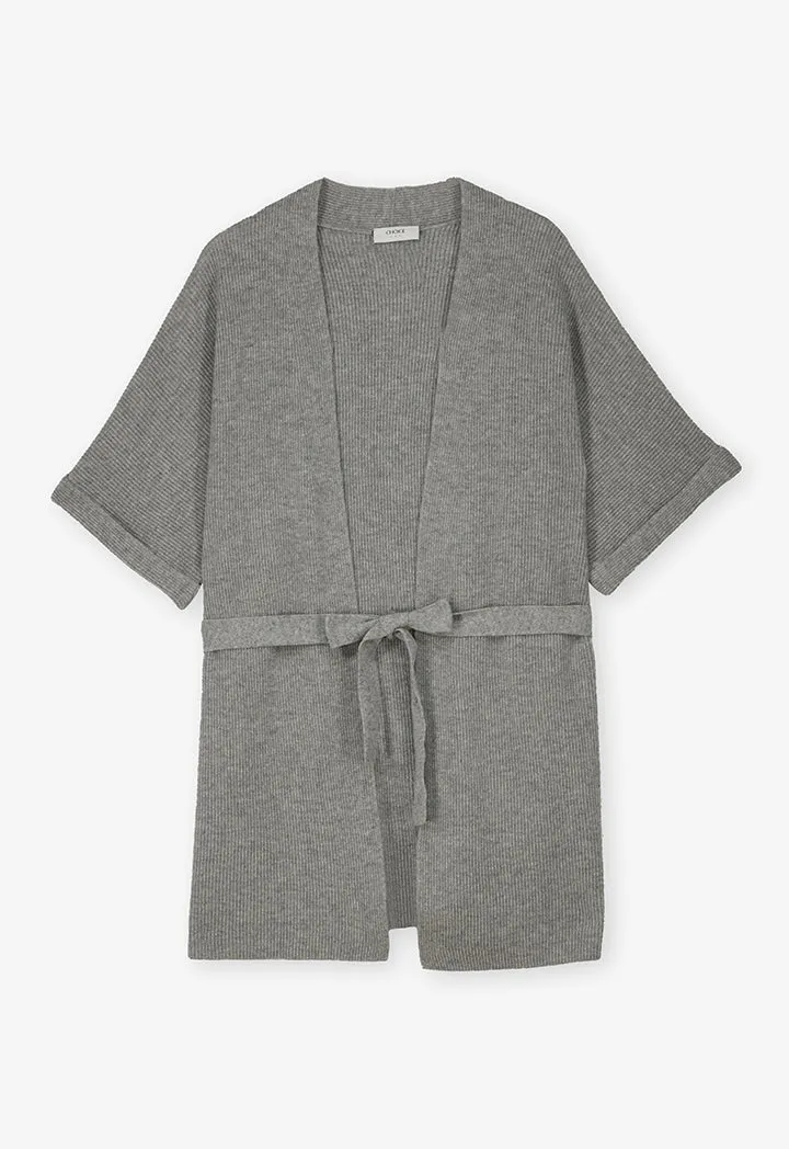 Choice Solid Short Sleeve Knitted Belted Cardigan Grey