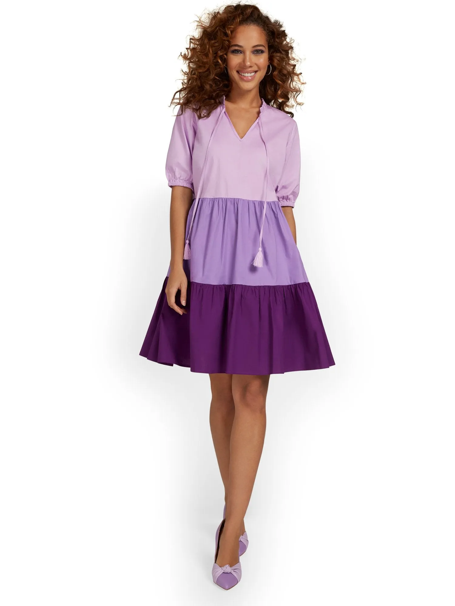 Colorblock Poplin V-Neck Dress
