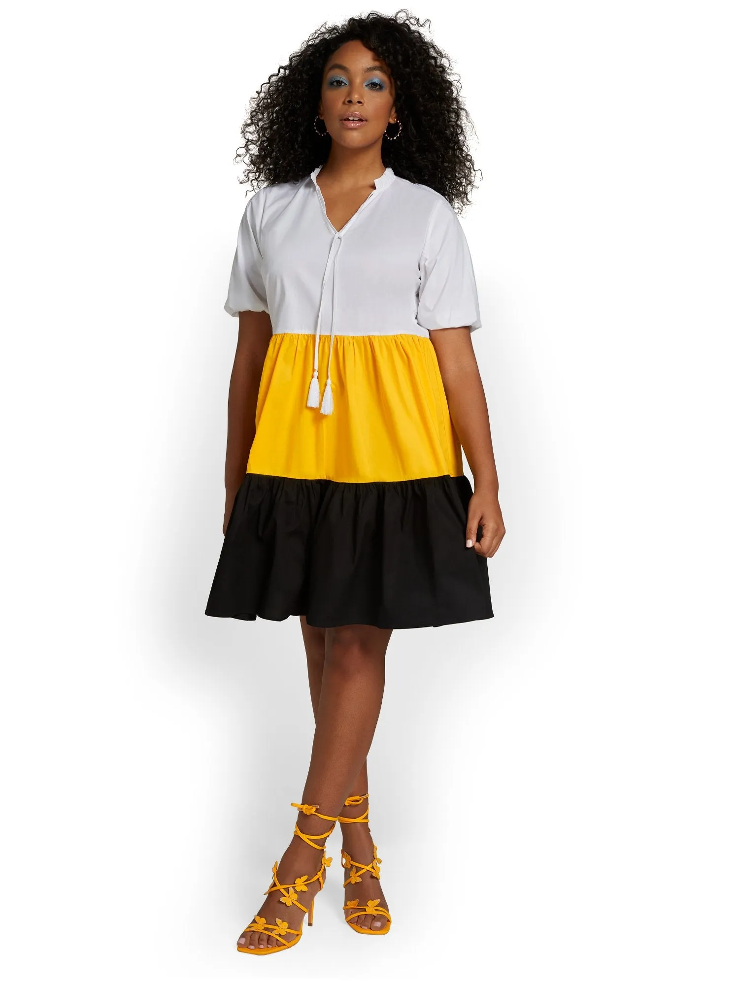 Colorblock Poplin V-Neck Dress