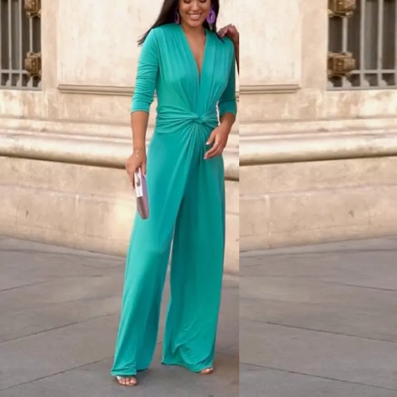 Deep V Neck Front Twist Pleat Wide Leg Jumpsuit