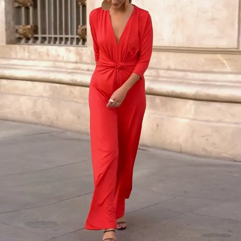 Deep V Neck Front Twist Pleat Wide Leg Jumpsuit