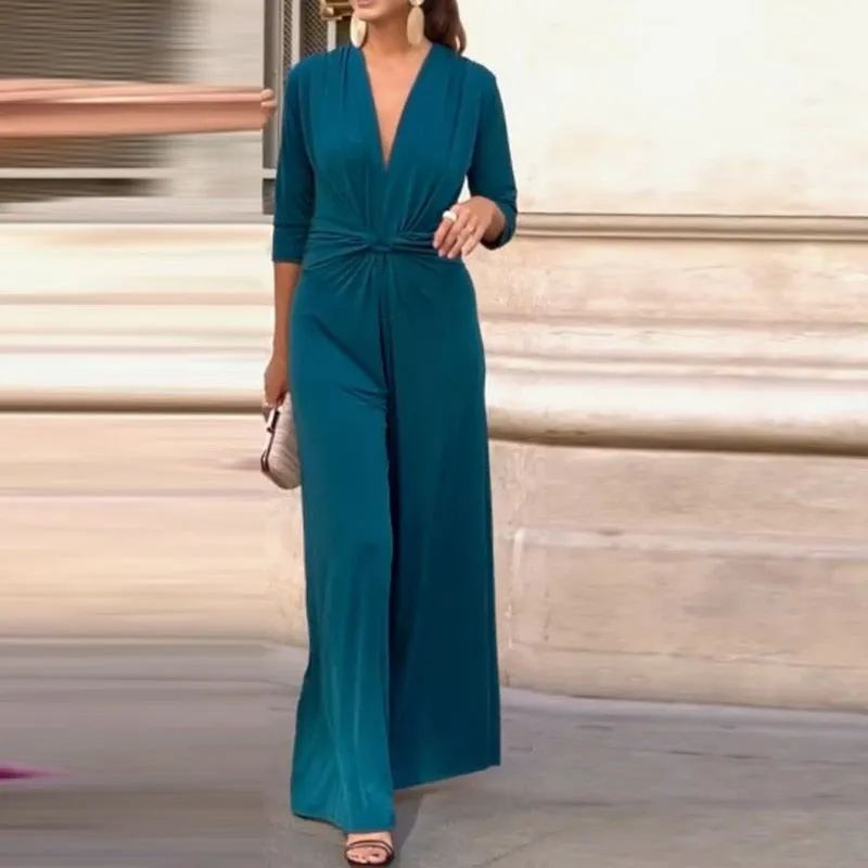 Deep V Neck Front Twist Pleat Wide Leg Jumpsuit