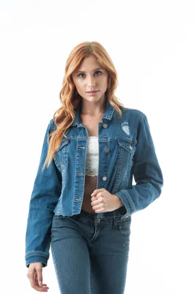 Denim Jean Distressed Raw Cut Hemline Front Pockets Cropped Jacket