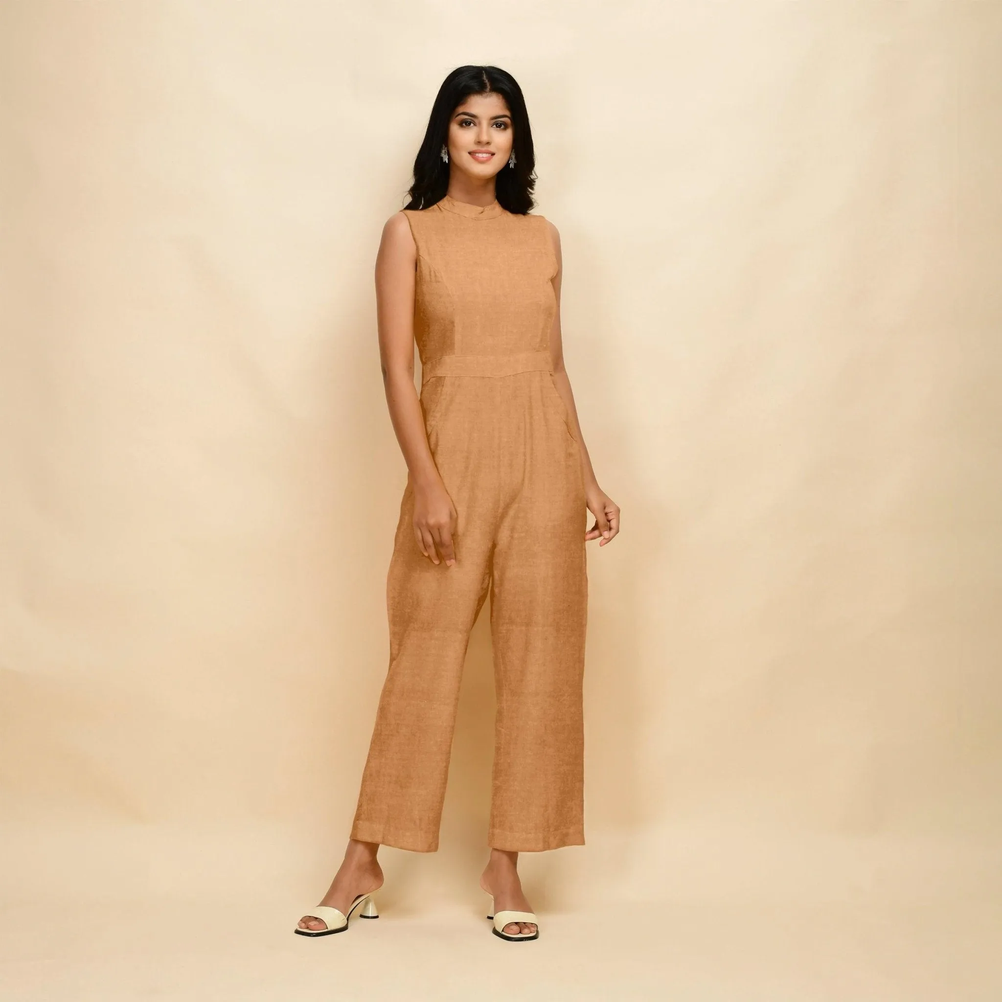 Desert Yellow 100% Linen Princess Line Sleeveless Jumpsuit