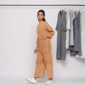 Desert Yellow Cotton Linen Comfort Fit High Neck Jumpsuit