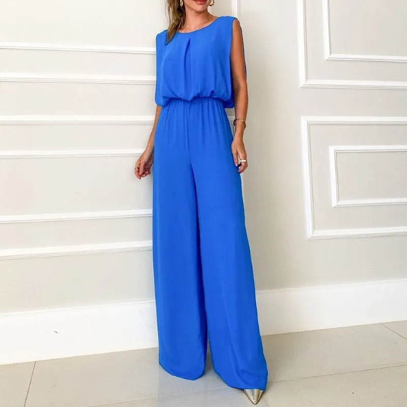 Elegant O-neck Sleeveless Long Jumpsuit