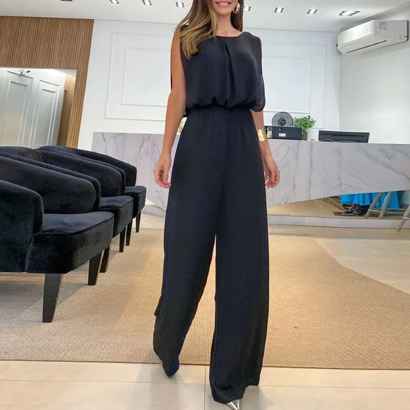 Elegant O-neck Sleeveless Long Jumpsuit