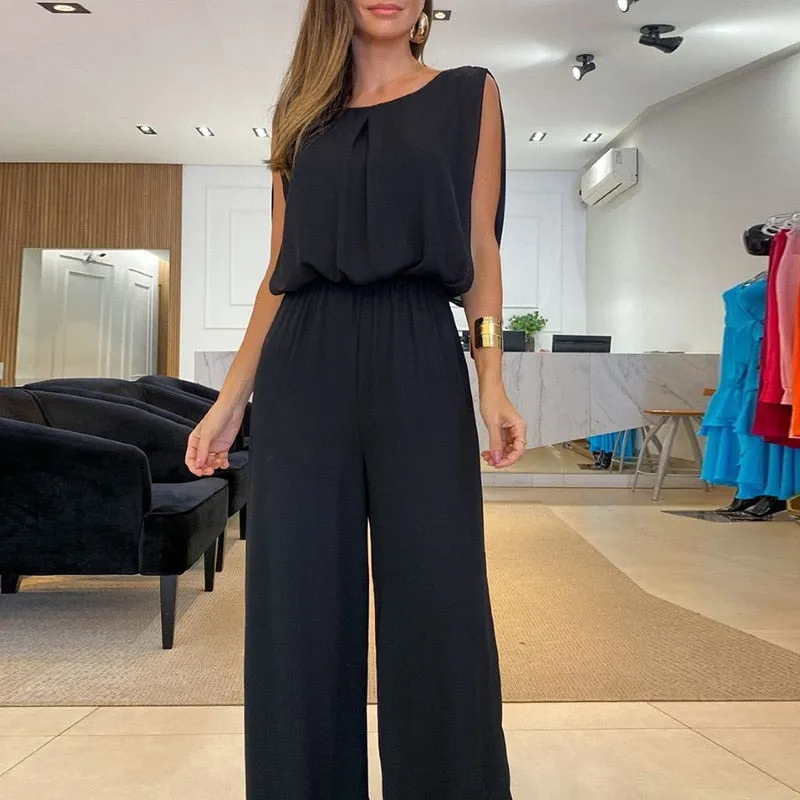 Elegant O-neck Sleeveless Long Jumpsuit