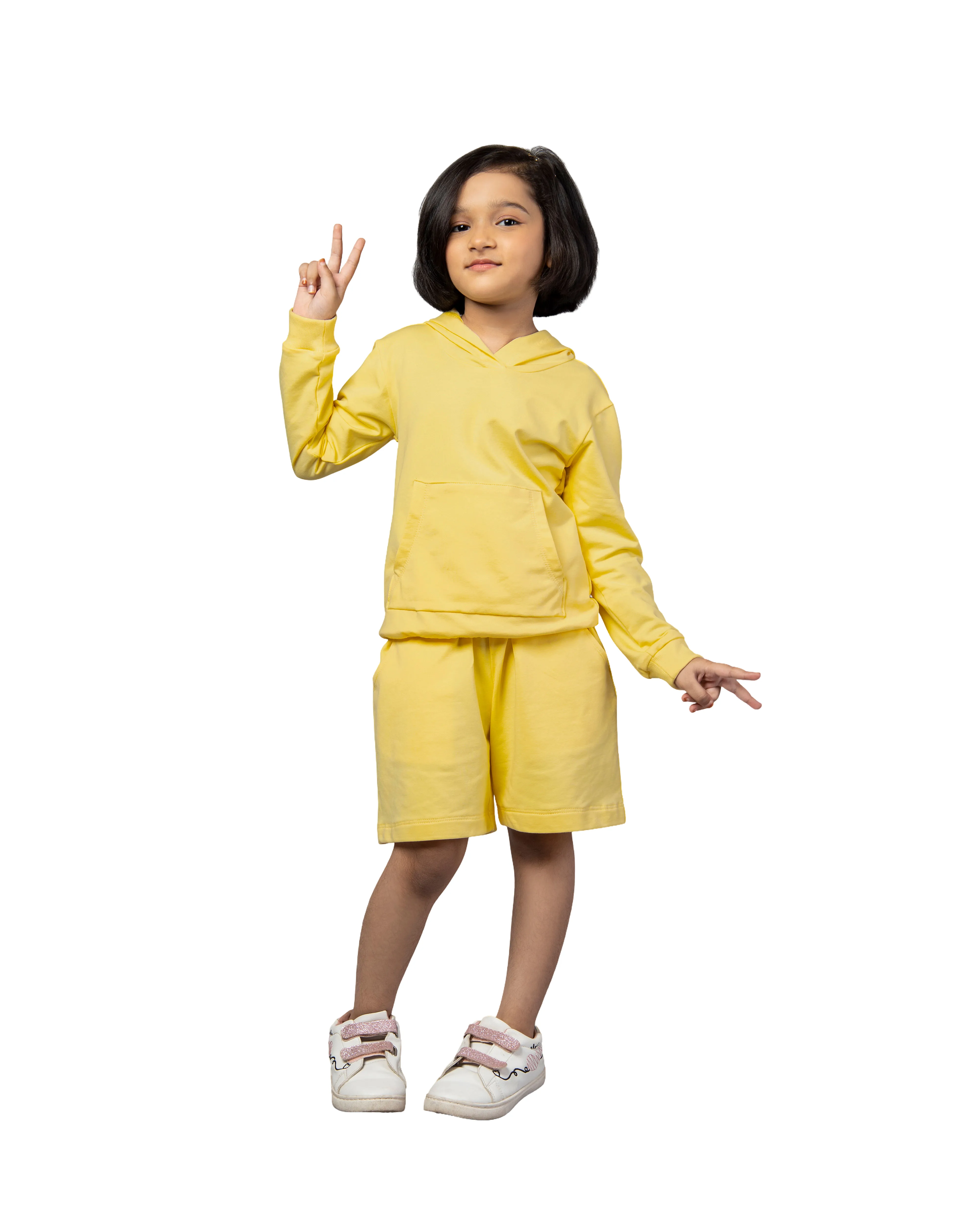 Girls Yellow Long Sleeve Hoodie and Shorts Matching Co-ord Set
