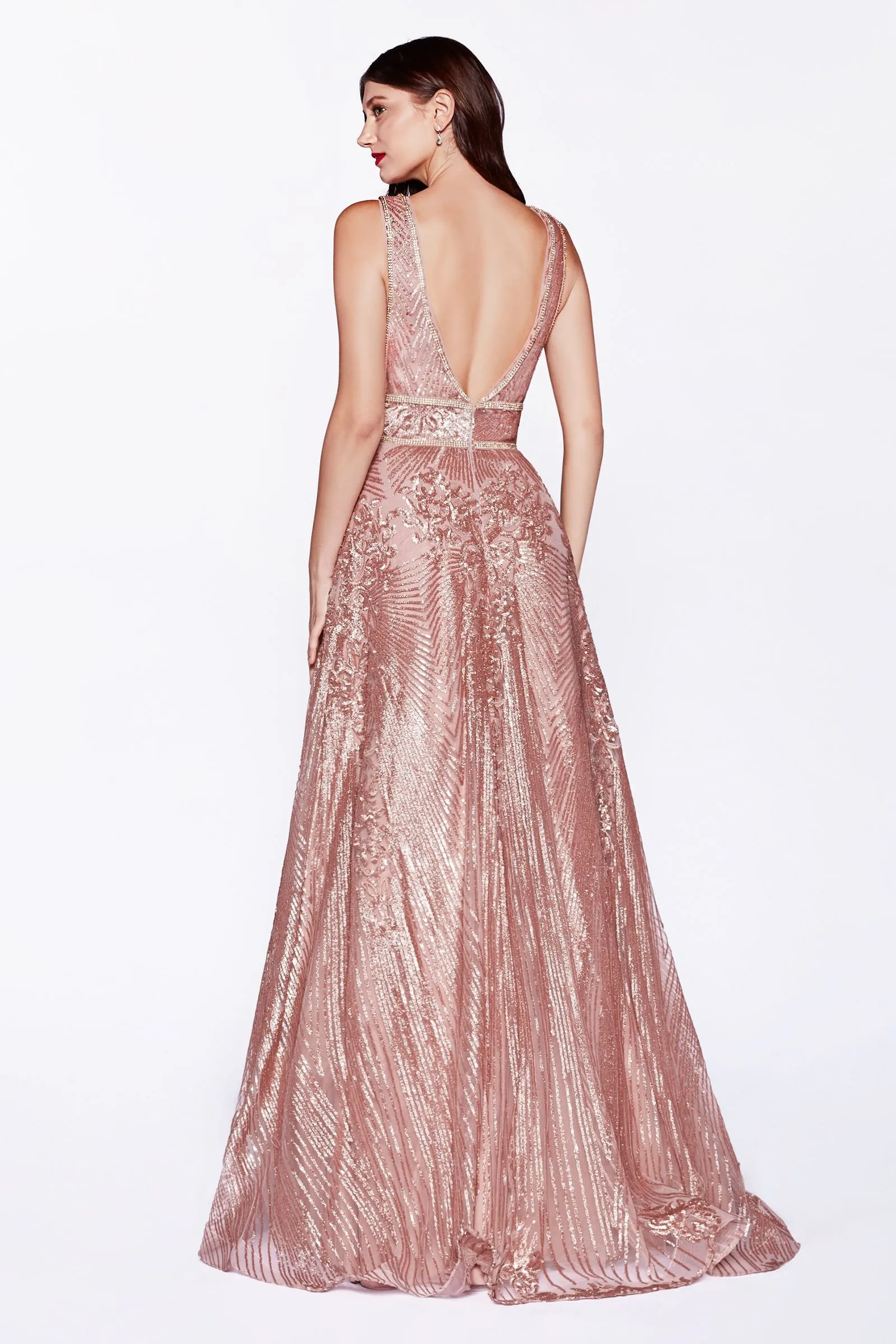 Gown with sequin geometric pattern and open back