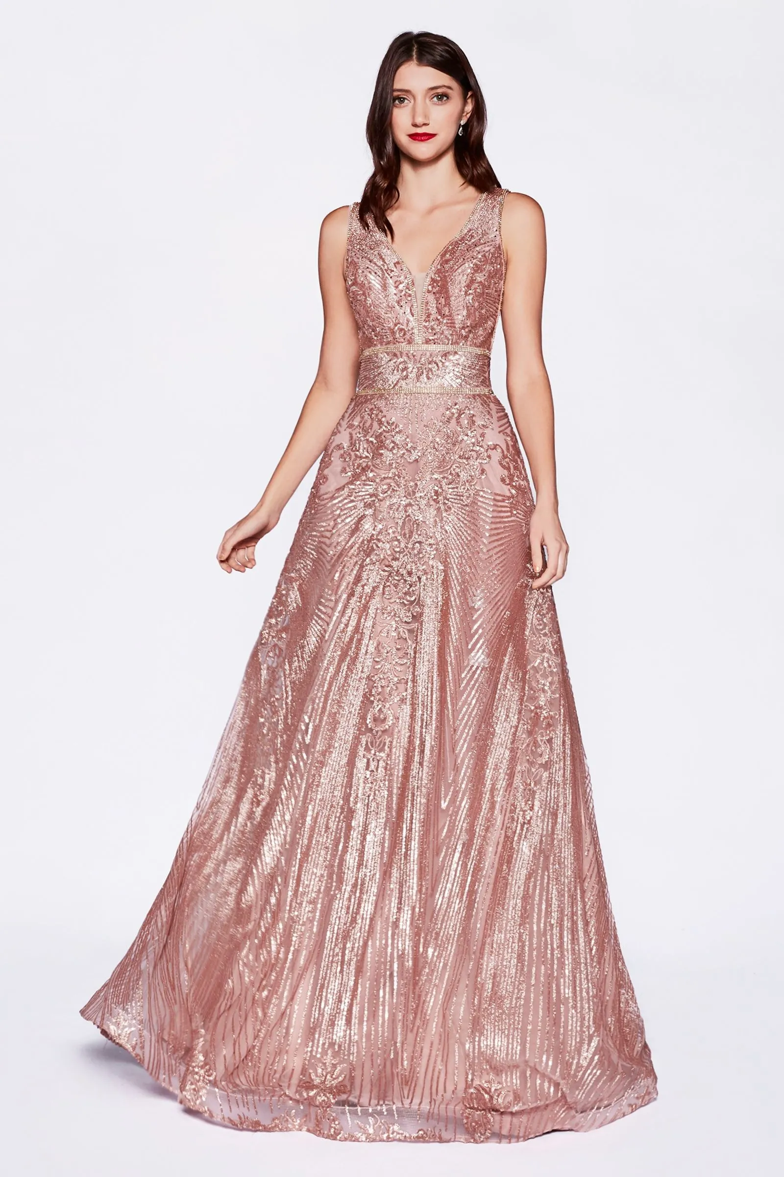 Gown with sequin geometric pattern and open back