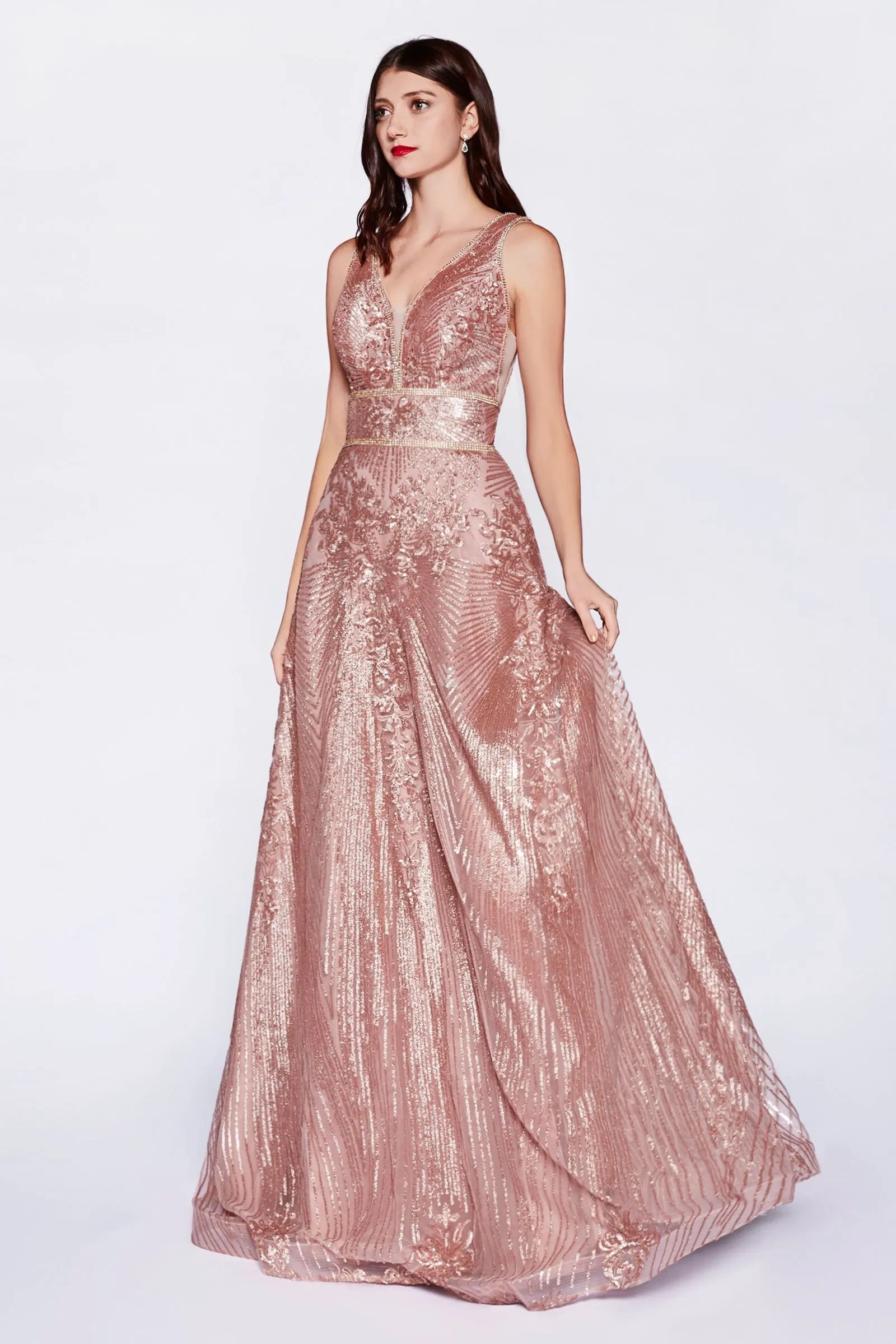 Gown with sequin geometric pattern and open back
