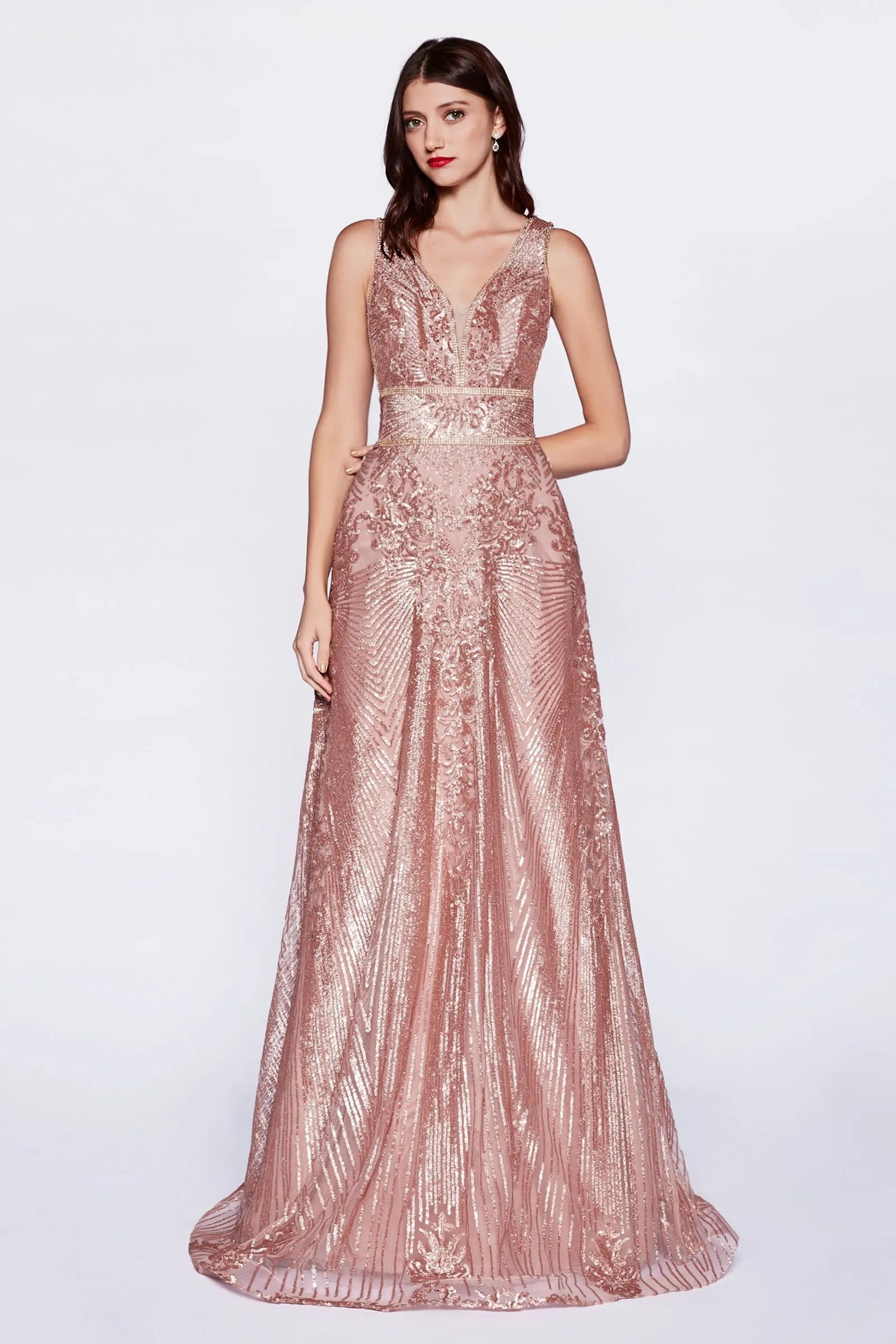 Gown with sequin geometric pattern and open back
