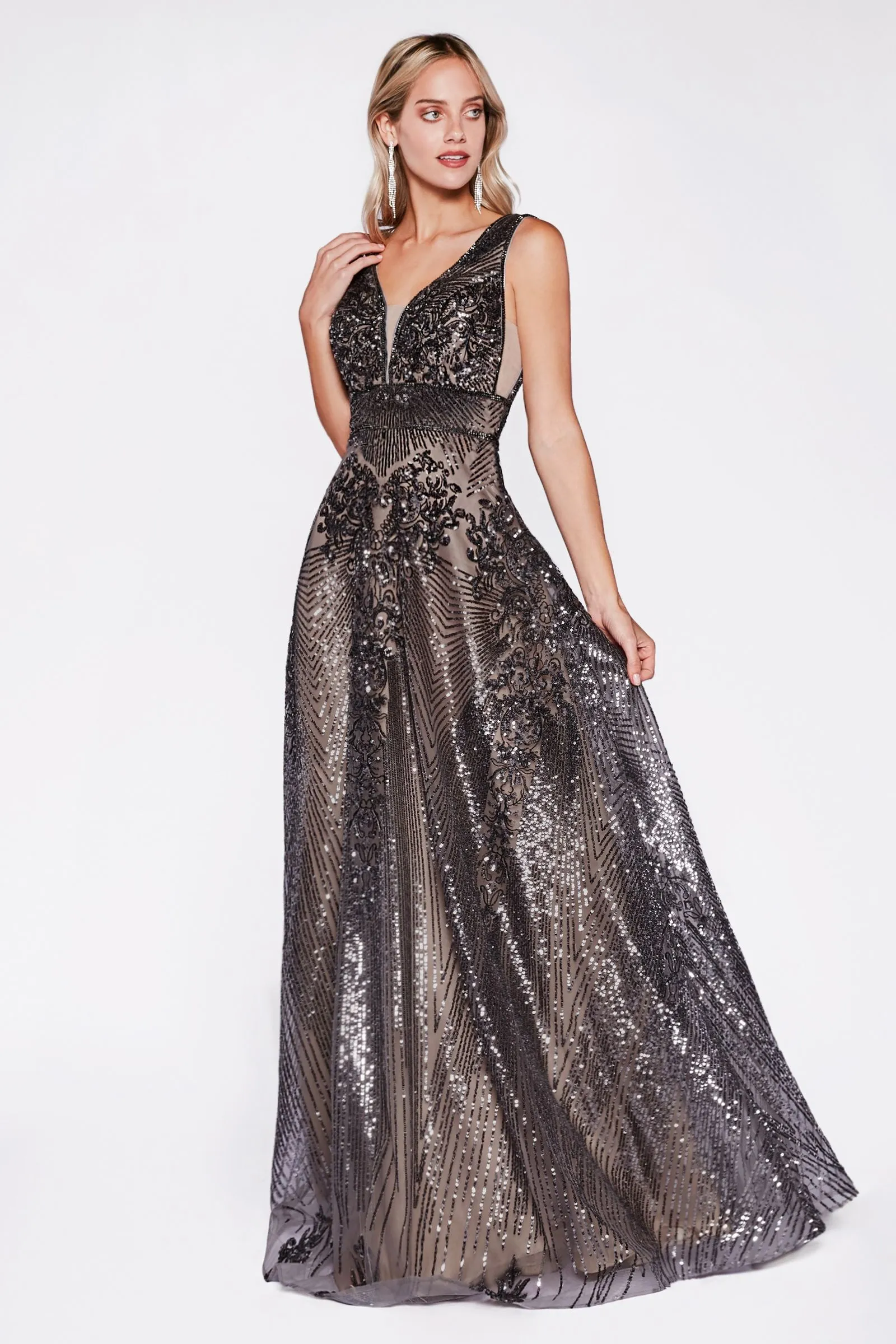 Gown with sequin geometric pattern and open back