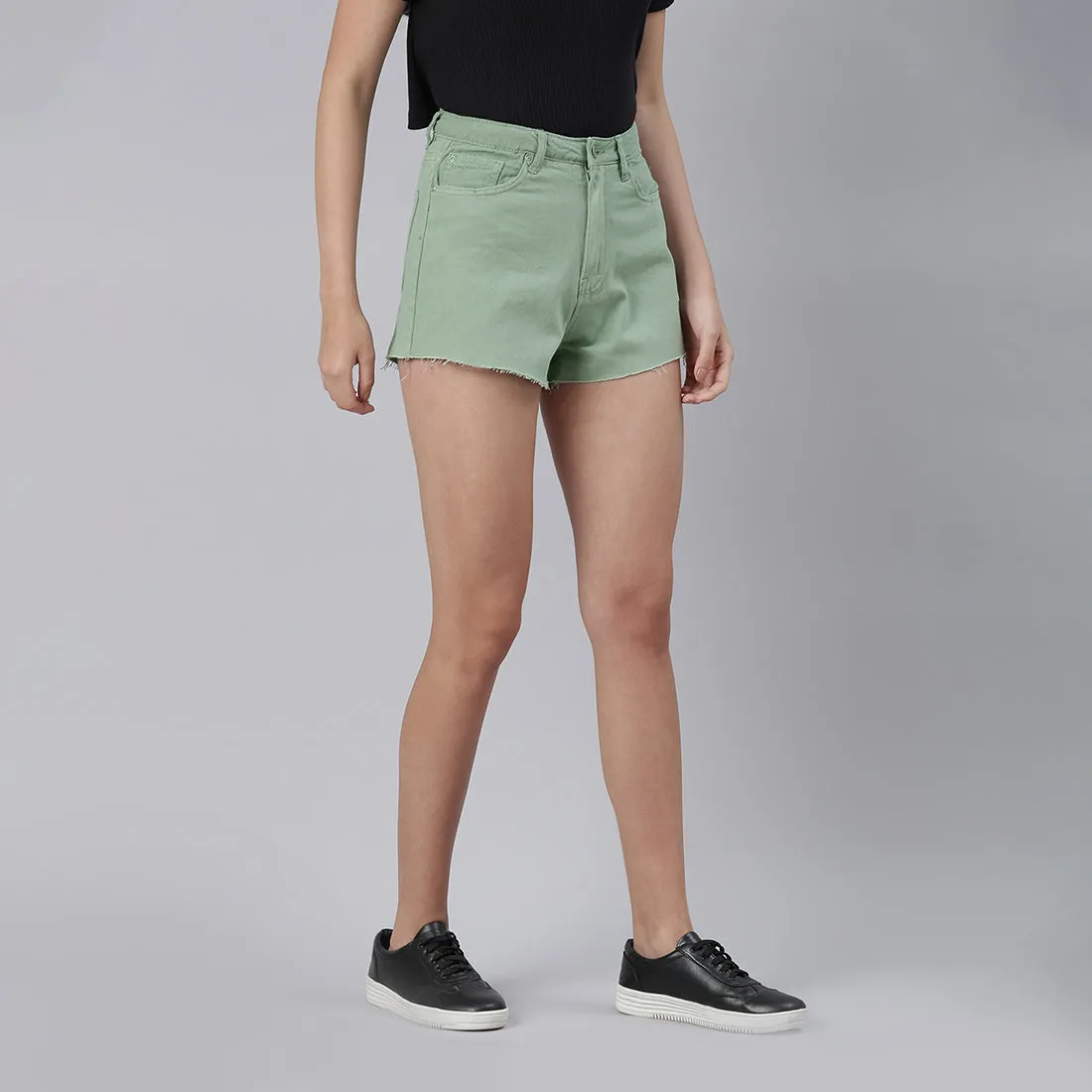 Green Jeans High Waist Raw Hem Shorts