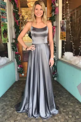 Grey Spaghetti Straps Long A Line Sexy Back 2018 Simple Prom Dress PFP0278