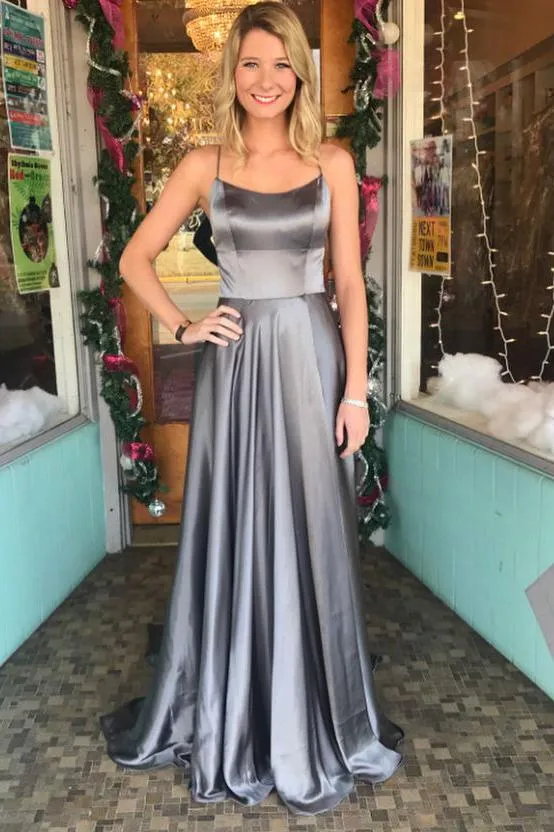 Grey Spaghetti Straps Long A Line Sexy Back 2018 Simple Prom Dress PFP0278