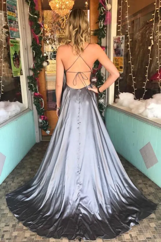 Grey Spaghetti Straps Long A Line Sexy Back 2018 Simple Prom Dress PFP0278