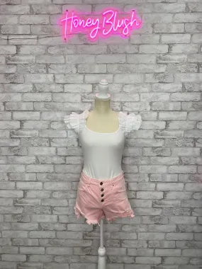 HIGH RISE BUTTON DOWN FRONT HEM DISTRESSED SHORTS
